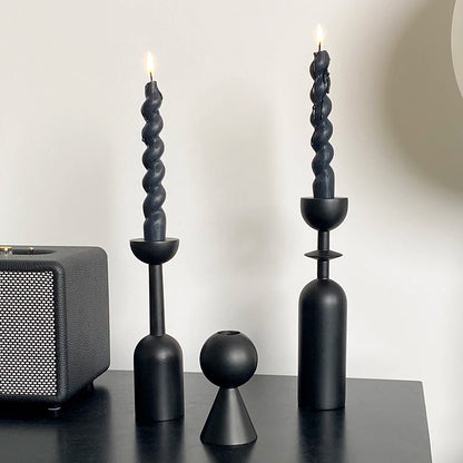 Black Wooden Taper Candle Holder Set Retro French Style Home Decor