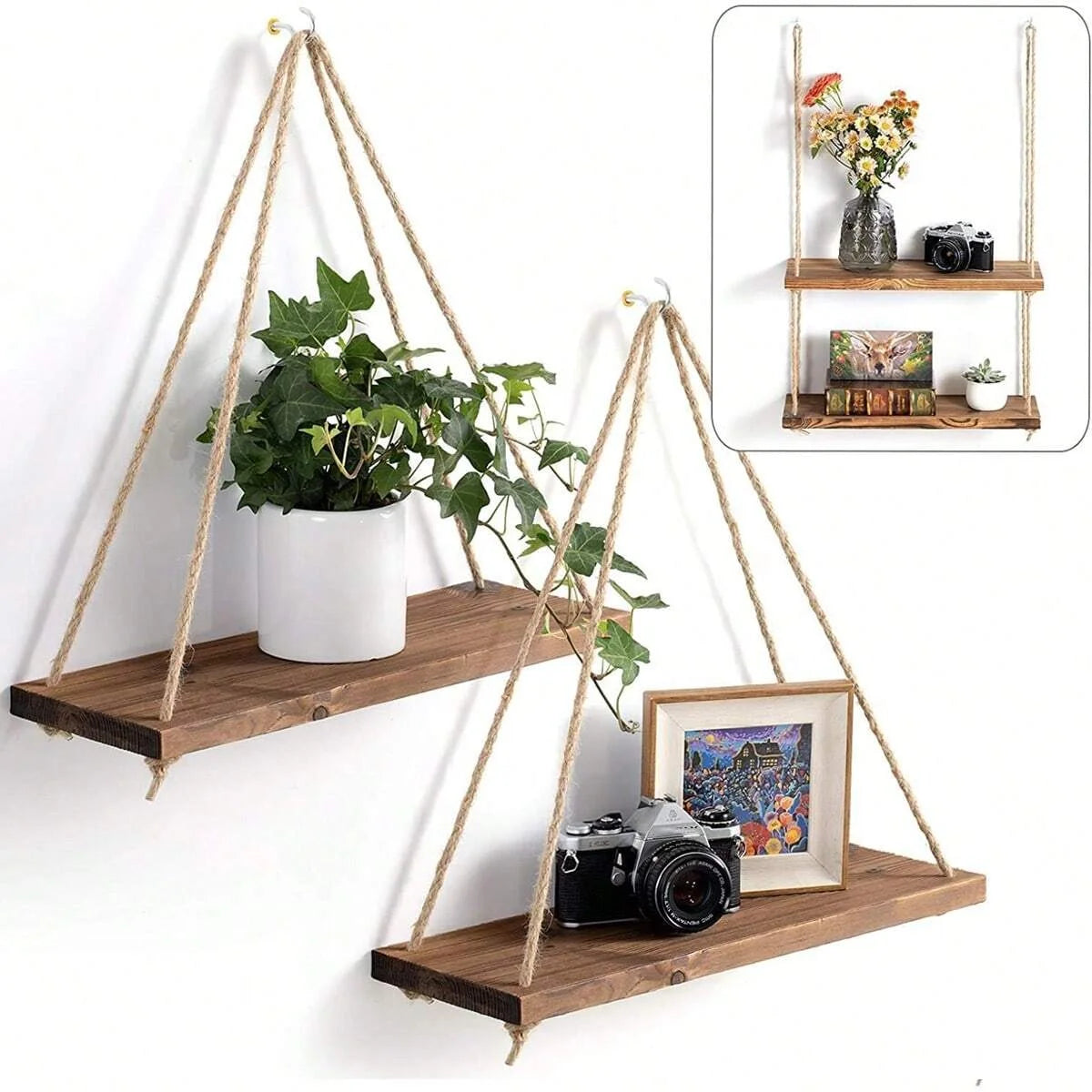 Wooden Hanging Wall Shelf with Hemp Rope Floating Plant Display Home Decor