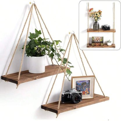Wooden Hanging Wall Shelf with Hemp Rope Floating Plant Display Home Decor