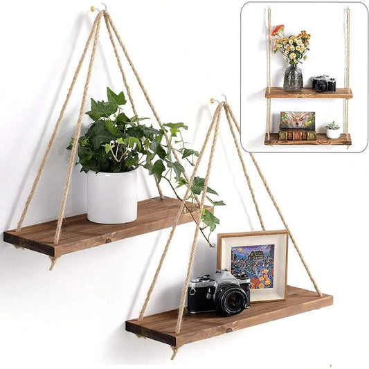 Wooden Hanging Wall Shelf with Hemp Rope Floating Plant Display Home Decor