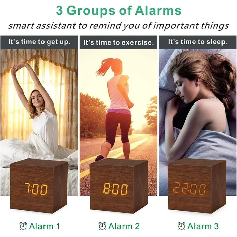 Wooden LED Digital Alarm Clock Temperature Display USB Powered Bedside Home Decor