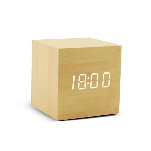 Wooden LED Digital Alarm Clock Temperature Display USB Powered Bedside Home Decor
