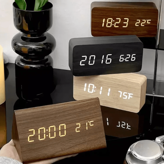 Wooden LED Digital Clock Voice Control Bedside Desk Decor