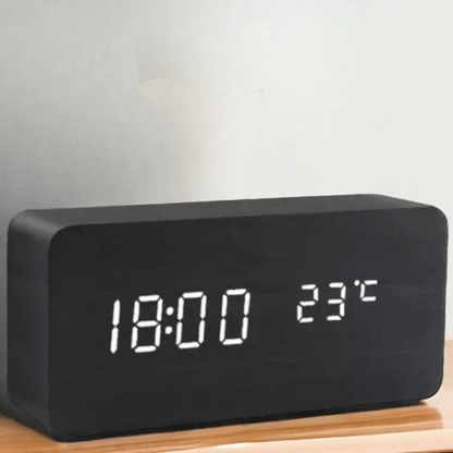 Wooden LED Digital Clock Voice Control Bedside Desk Decor