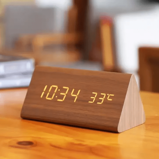 Wooden LED Digital Clock Voice Control Bedside Desk Decor