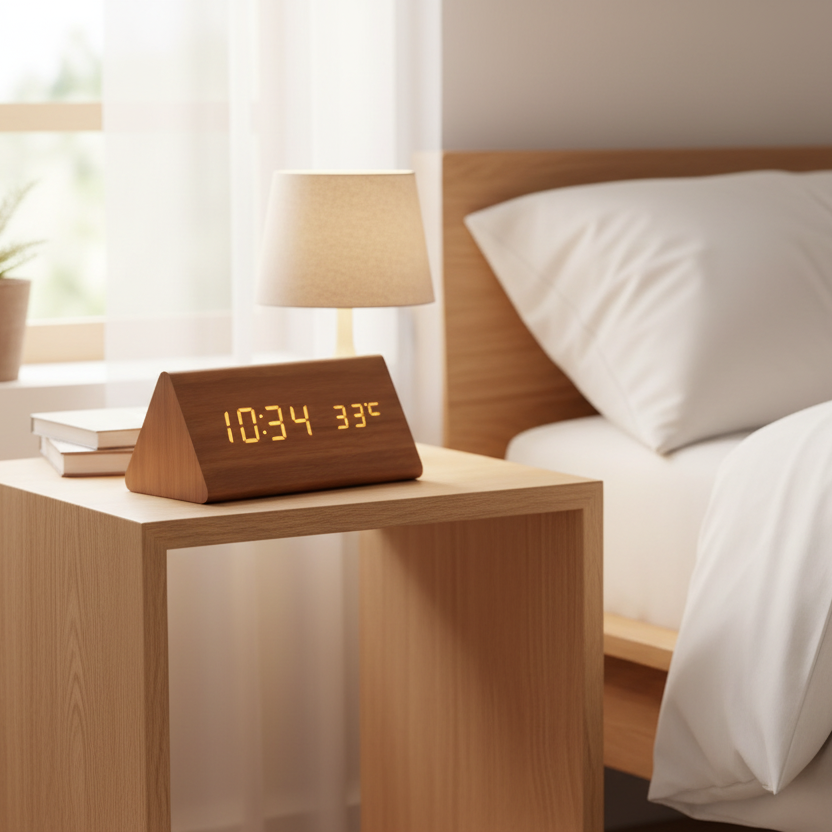 Wooden LED Digital Clock Voice Control Bedside Desk Decor