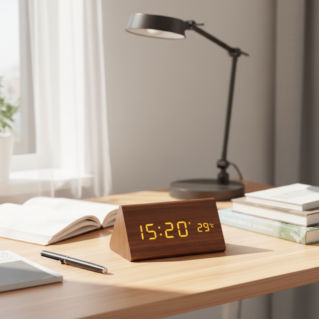 Wooden LED Digital Clock Voice Control Bedside Desk Decor