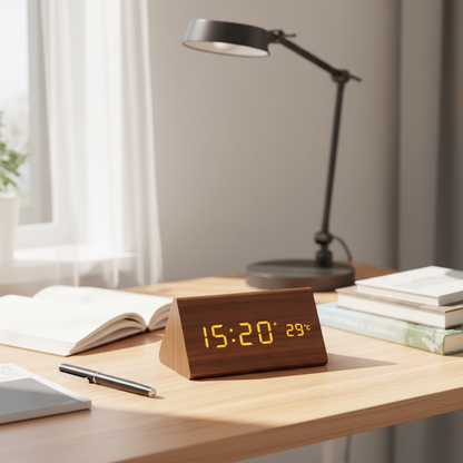 Wooden LED Digital Clock Voice Control Bedside Desk Decor