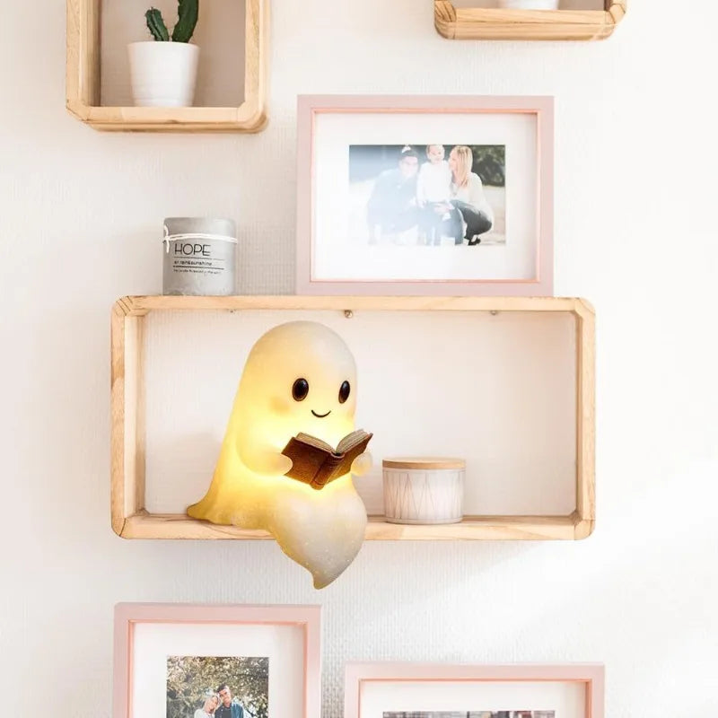 Ghost Reading Book Lamp Cute Resin Halloween Night Light Ornament