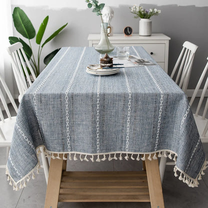Cotton Linen Stripe Tablecloth Rectangular Dining Table Setting