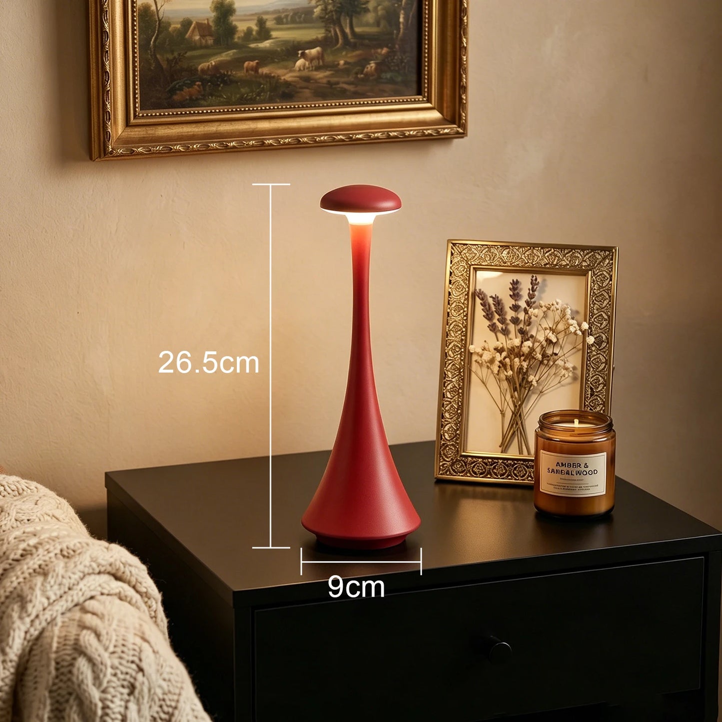 Mushroom Touch Table Lamp Rechargeable USB-C Wireless Cordless Home Decor
