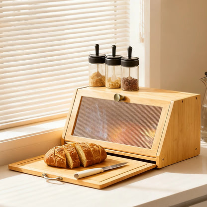 Bamboo Bread Box with Built-In Cutting Board Lid Large Kitchen Storage