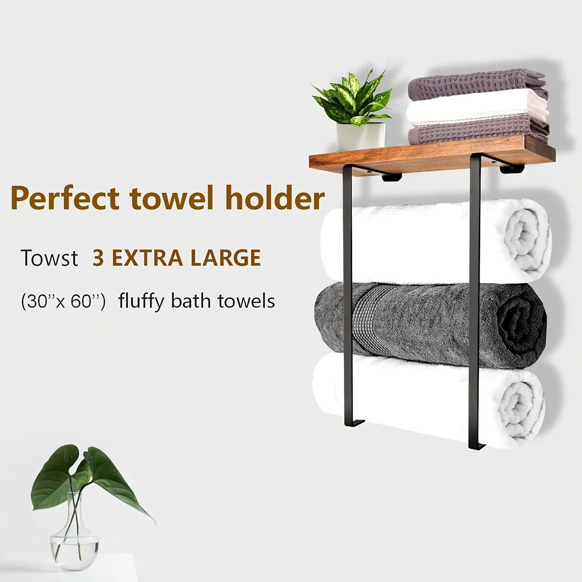 Black Wall Mounted Towel Rack Bathroom Shelf Minimalist Storage Organiser Decor