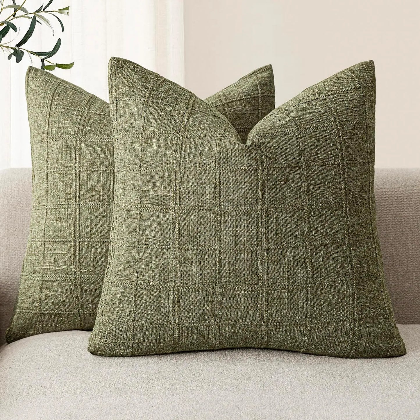 Boho Linen Check Throw Pillow Cover Neutral Sofa Cushion Cover