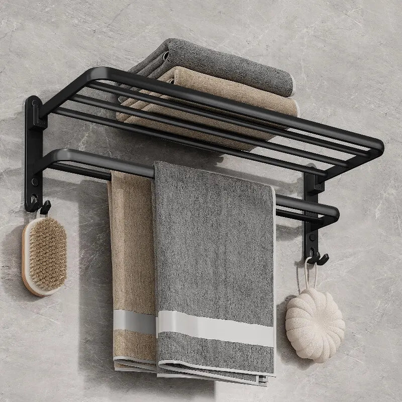 Matte Black Folding Towel Rack Wall Mounted Aluminium Bathroom Decor