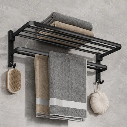 Matte Black Folding Towel Rack Wall Mounted Aluminium Bathroom Decor