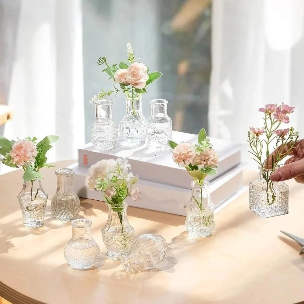Retro Relief Mini Glass Vase Set of 10 Crystal Clear Bud Vase Home Decor