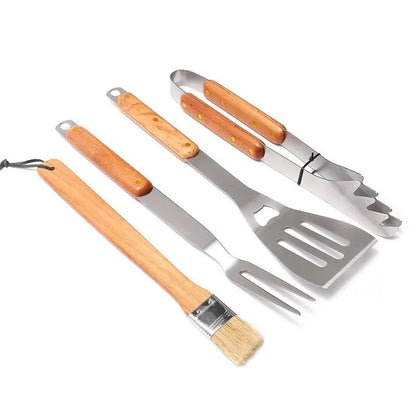 4-Piece Stainless Steel BBQ Tool Set with Wooden Handles Outdoor Grilling Kit