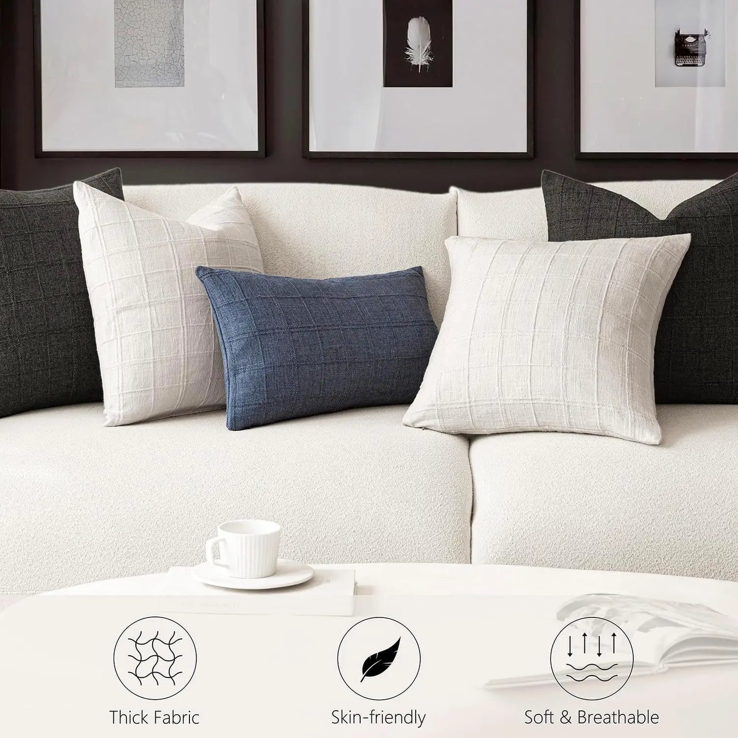 Boho Linen Check Throw Pillow Cover Neutral Sofa Cushion Cover