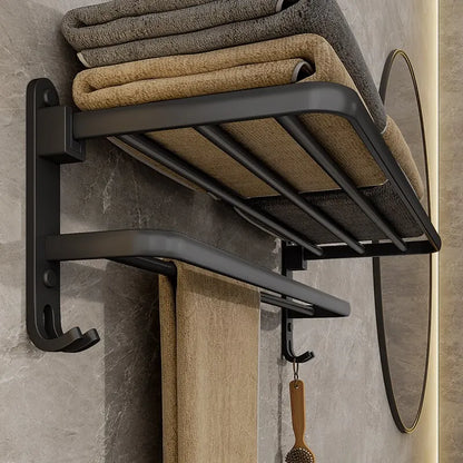 Matte Black Folding Towel Rack Wall Mounted Aluminium Bathroom Decor