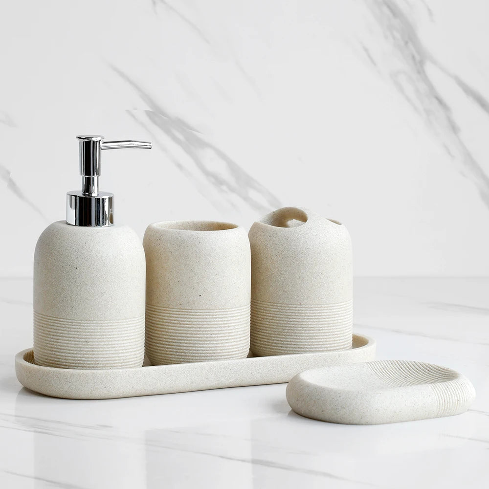 5-Piece Bathroom Accessories Set Lotion Dispenser Toothbrush Holder Tray Decor
