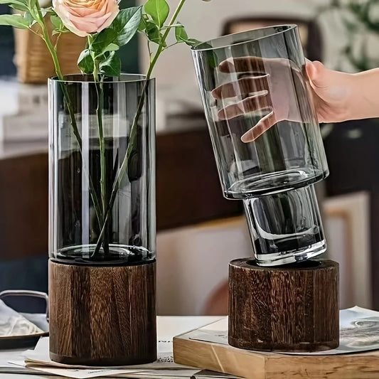 Glass Vase with Wooden Base Hydroponic Flower Vase Modern Home Decor