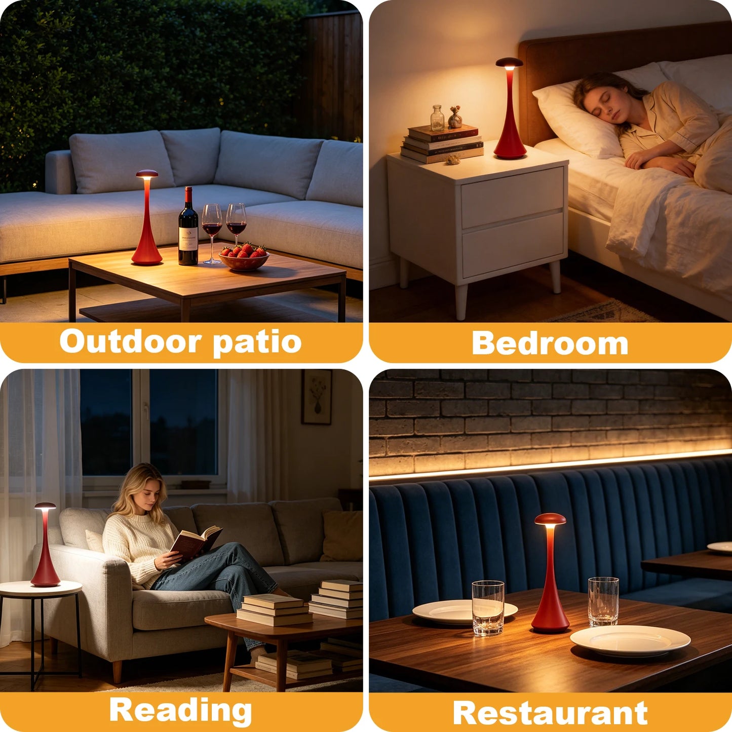 Mushroom Touch Table Lamp Rechargeable USB-C Wireless Cordless Home Decor