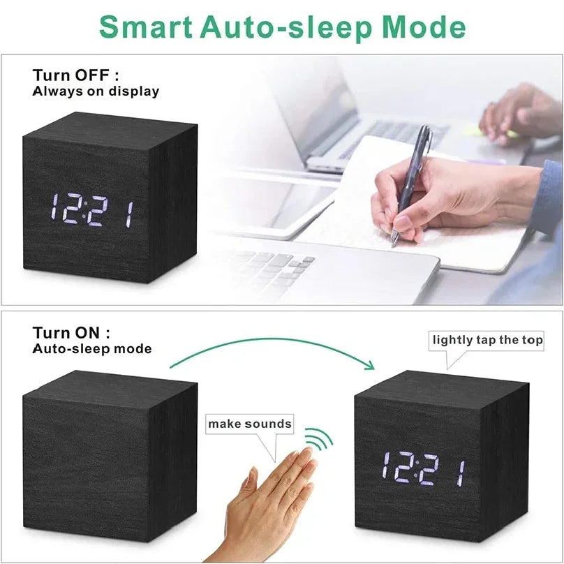 Wooden LED Digital Alarm Clock Temperature Display USB Powered Bedside Home Decor