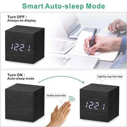 Wooden LED Digital Alarm Clock Temperature Display USB Powered Bedside Home Decor
