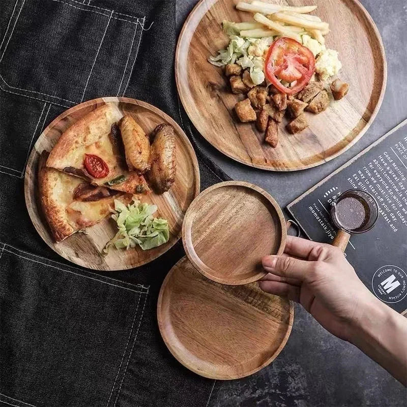 Acacia Wood Round Stackable Serving Tray Snack Plate Home Decor