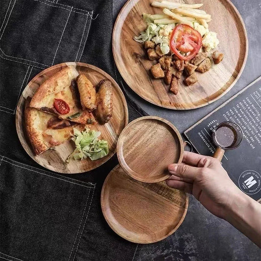 Acacia Wood Round Stackable Serving Tray Snack Plate Home Decor