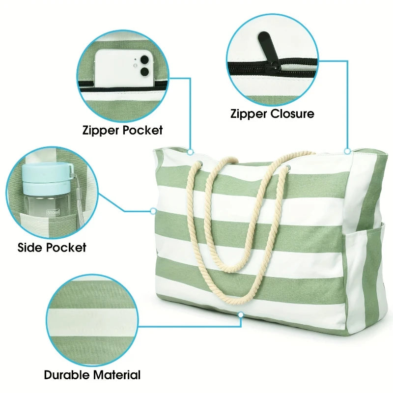 Waterproof Sand Proof Beach Bag Foldable Large Tote Striped Shoulder