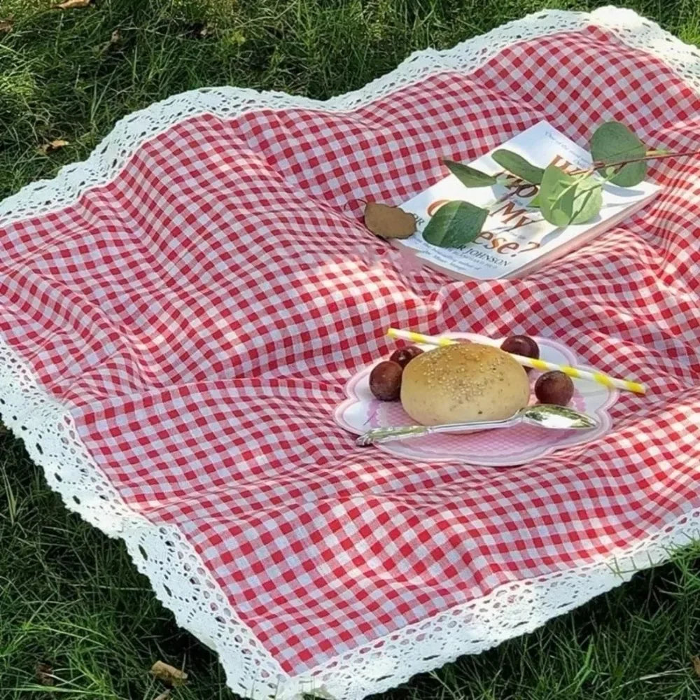 Red Check Canvas Picnic Blanket Waterproof Outdoor Beach Mat Home Decor