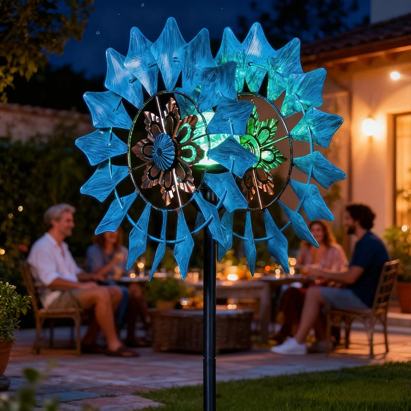 Wrought Iron Solar Wind Spinner with Gradient LED Lights Garden Decor Outdoor