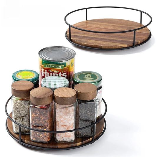 Rotating Lazy Susan Turntable Organiser Wood and Steel Kitchen Decor