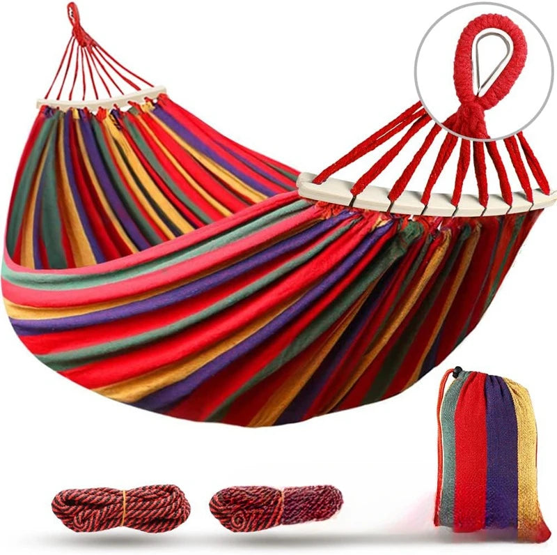 Double Canvas Hammock with Curved Wooden Poles Anti-Roll Outdoor Swing Bed