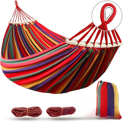 Double Canvas Hammock with Curved Wooden Poles Anti-Roll Outdoor Swing Bed