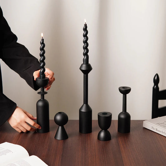 Black Wooden Taper Candle Holder Set Retro French Style Home Decor