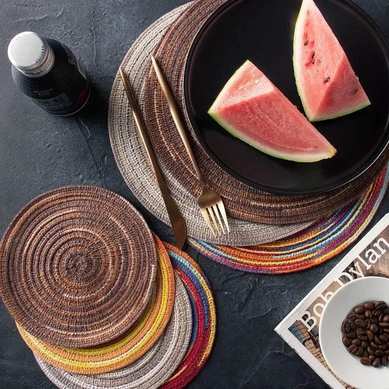 Round Linen Cotton Coaster and Placemat Natural Woven Dining Table Mat Home Decor