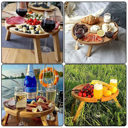 Wooden Folding Picnic Table Portable Wine Rack Snack Tray Storage