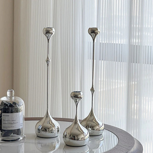 Silver Metal Taper Candle Holder Slim Romantic Table Decor