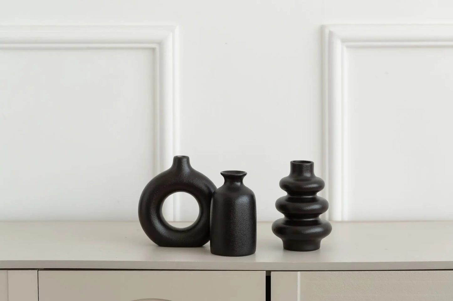 Ceramic Vase Set of 3 Boho Sculptural White Black Home Decor
