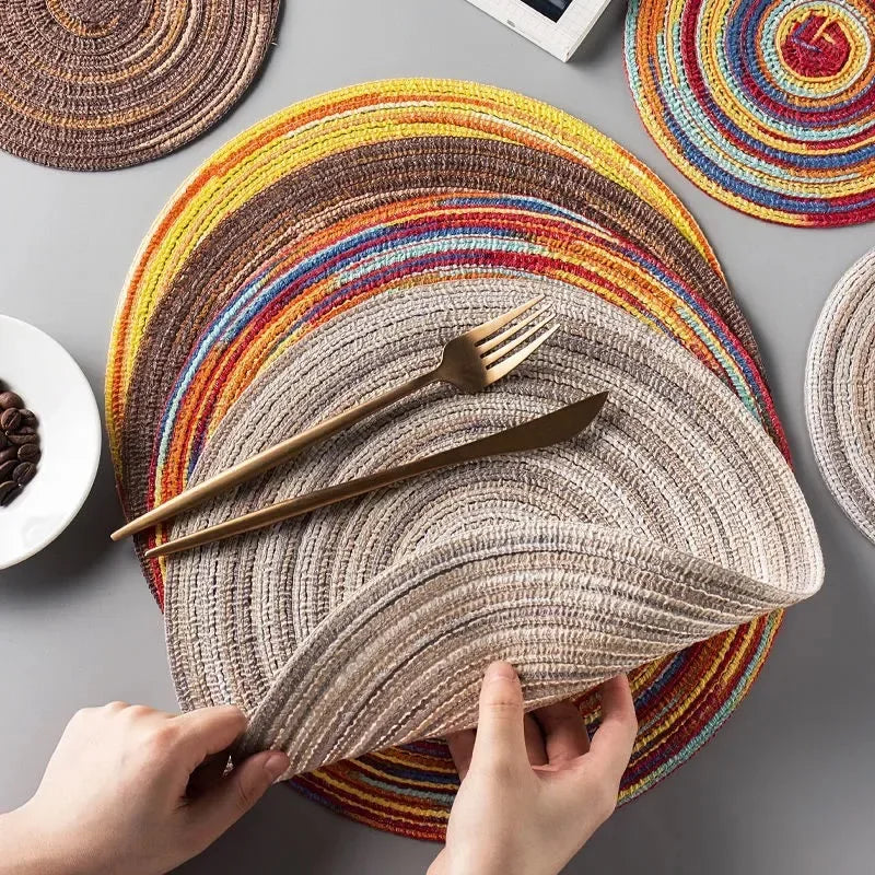 Round Linen Cotton Coaster and Placemat Natural Woven Dining Table Mat Home Decor