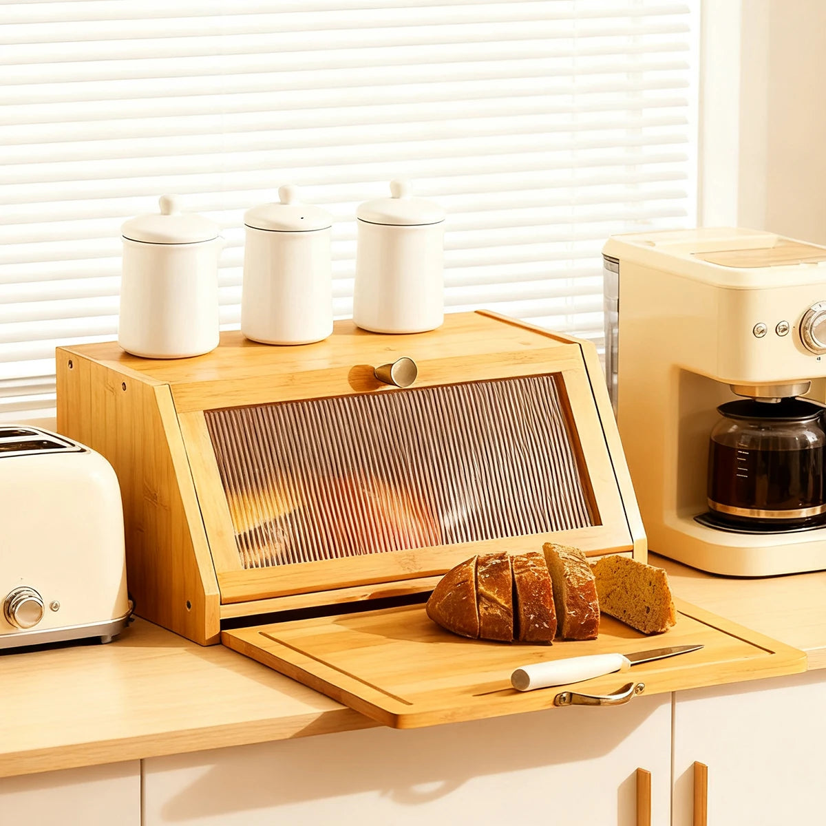 Bamboo Bread Box with Built-In Cutting Board Lid Large Kitchen Storage