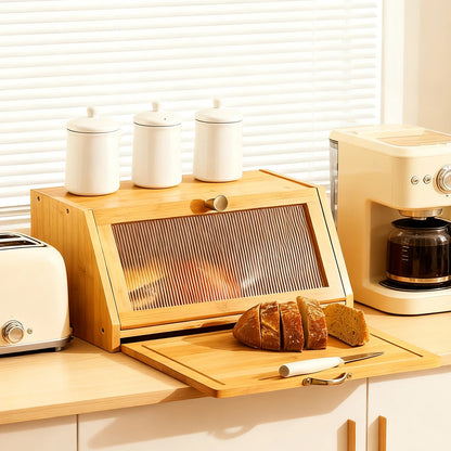 Bamboo Bread Box with Built-In Cutting Board Lid Large Kitchen Storage