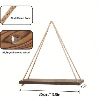Wooden Hanging Wall Shelf with Hemp Rope Floating Plant Display Home Decor