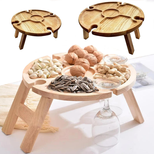 Wooden Folding Picnic Table Portable Wine Rack Snack Tray Storage
