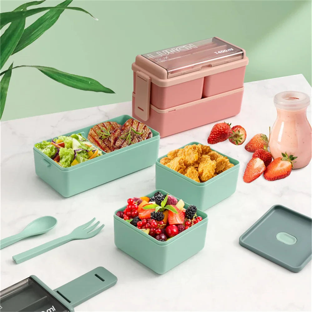 1400ml Double Layer Bento Box with Fork and Spoon Microwave Safe Portable Lunch Box