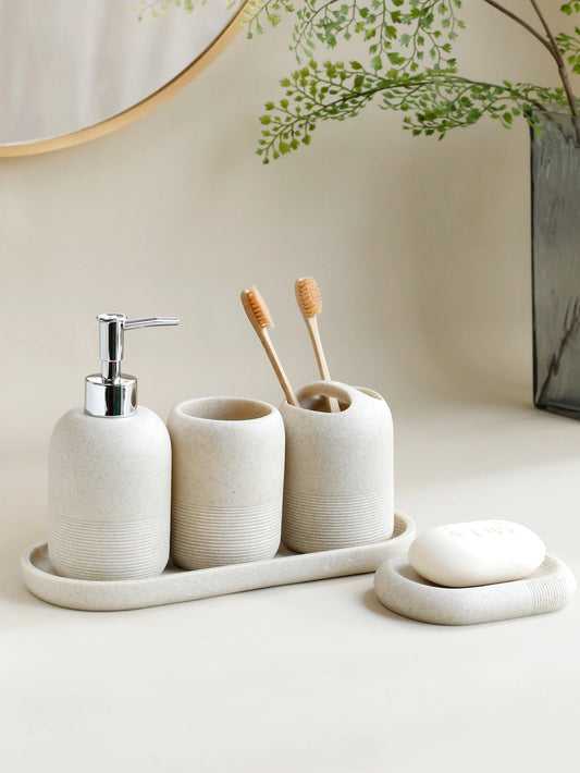 5-Piece Bathroom Accessories Set Lotion Dispenser Toothbrush Holder Tray Decor