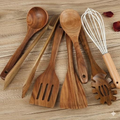 Natural Wood Kitchen Utensil Set of 7 Cooking Tools Home Decor